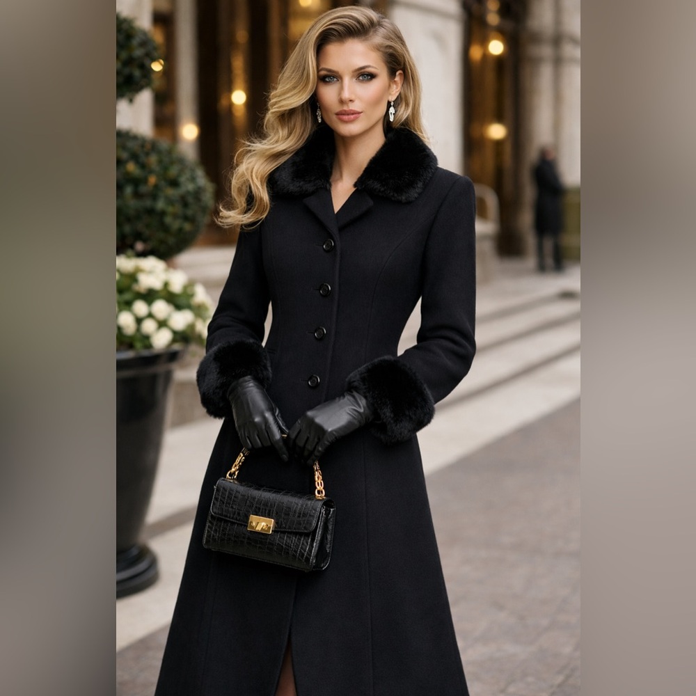 Albert Nipon Black Wool Coat with Faux Fur Collar and Cuffs